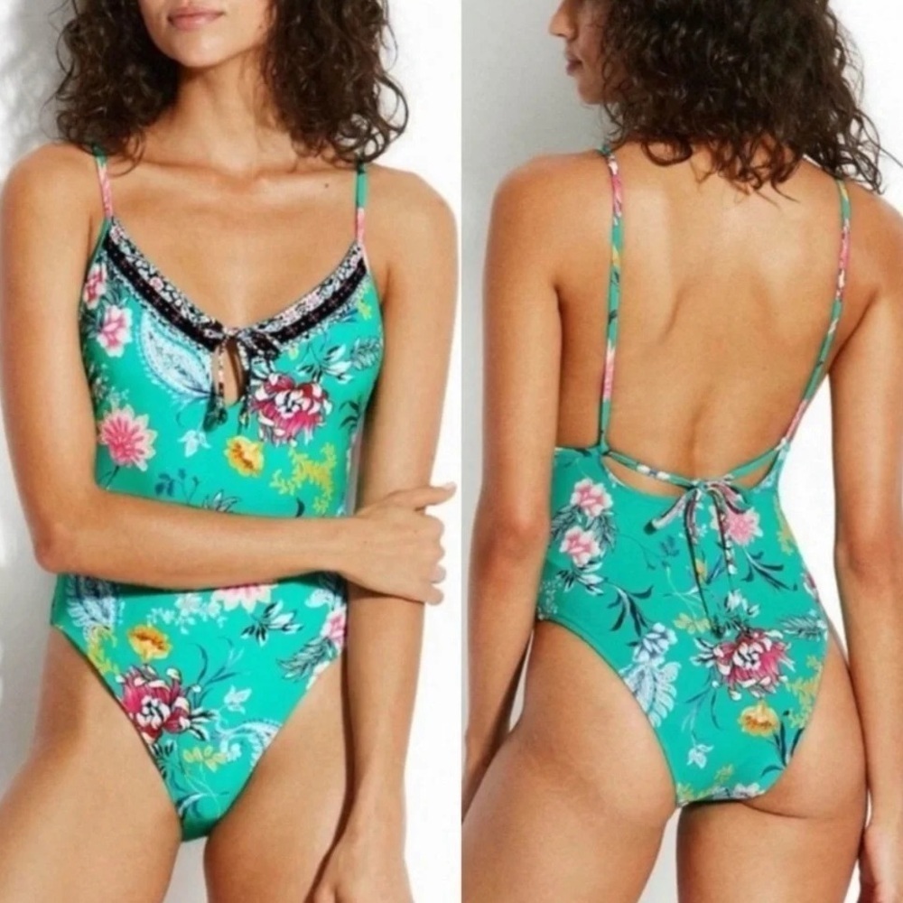 Seafolly Water Garden Retro Tank One Piece Swimsuit in Floral Evergreen Sz 8 US